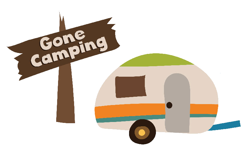 Gone Camping sign and vintage fifth wheel camper